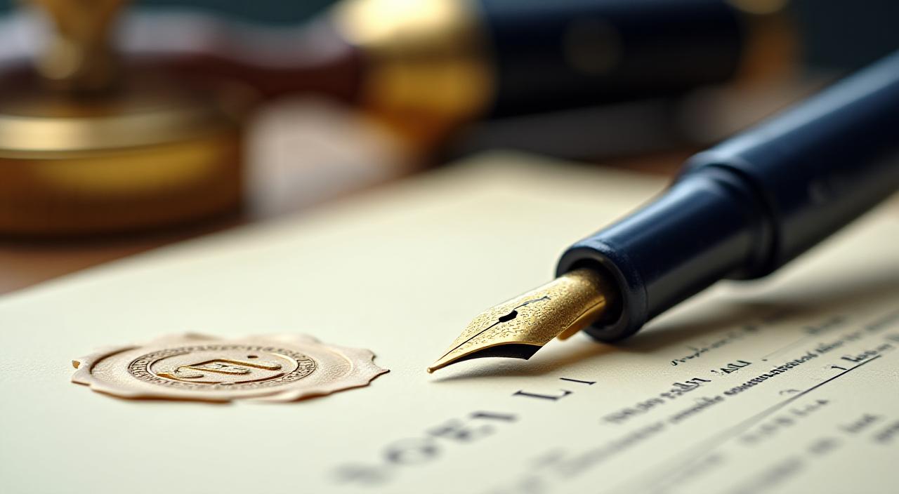Close-up of a fountain pen signing a legal contract with a formal wax seal