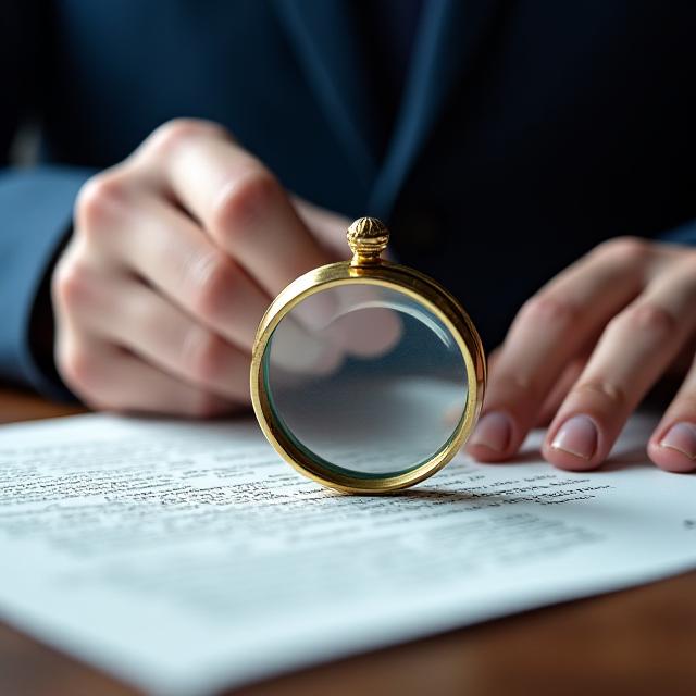 A legal professional reviewing a document with magnifying glass and gold-leaf details