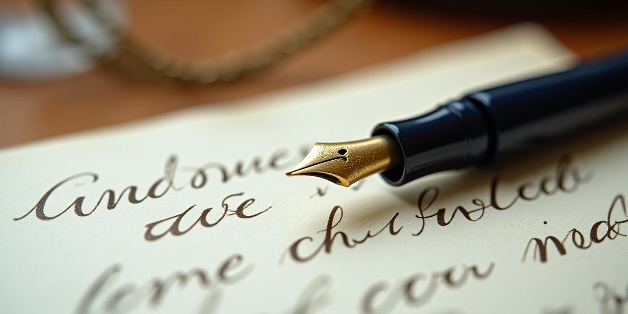 Close up of a luxury fountain pen resting on a finely textured legal document with calligraphic headers